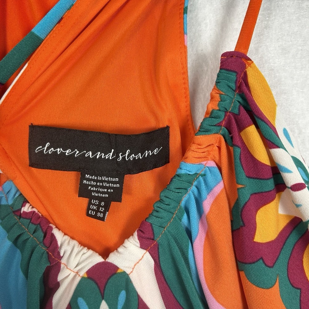 NEW Clover and Sloane Retro Halter Maxi Dress Colorful US Sz 8 70s V Neck Slit - Picture 6 of 11